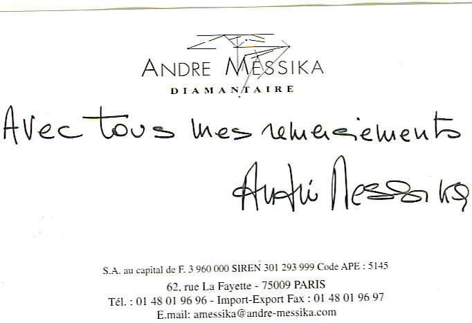 Lettre de remerciement adressée à Alain Messika (COTRANEX, expert d'assuré) — André Messika — Diamantaire, Paris