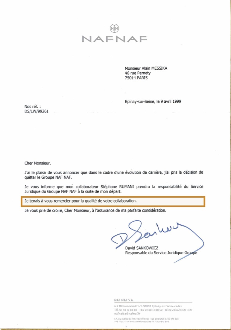 Lettre de remerciement adressée à Alain Messika (COTRANEX, expert d'assuré) — Naf Naf — Direction juridique du Groupe