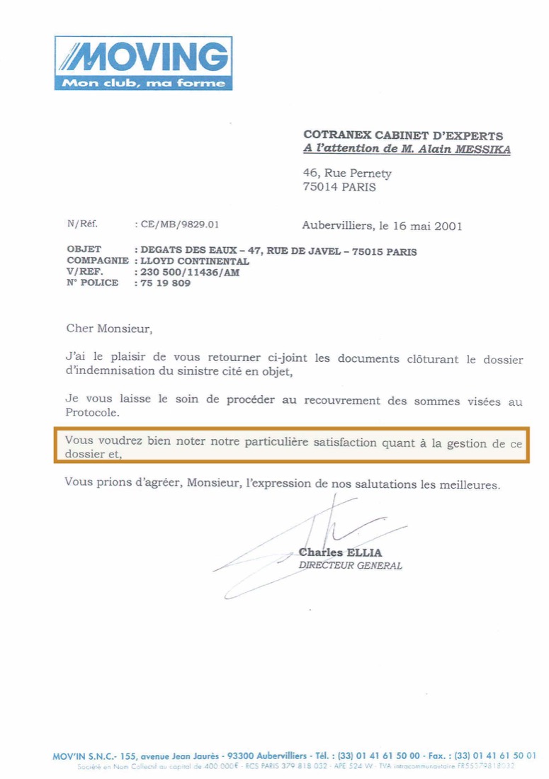 Lettre de remerciement adressée à Alain Messika (COTRANEX, expert d'assuré) — Moving — Direction Générale